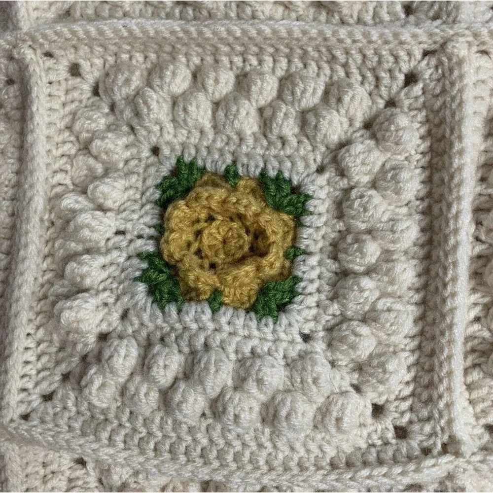 Handmade‎ Granny Square Afghan Throw Blanket Hand Crochet 3D Flowers 51